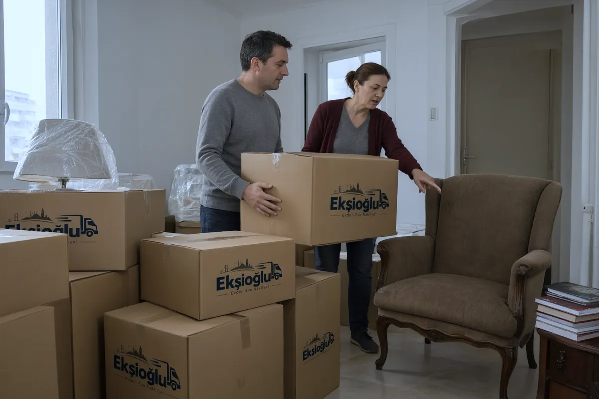 Depolamadan önce çift salonda depoya gidecek kolileri satılacak koltuk ve dolaptan ayırıyor