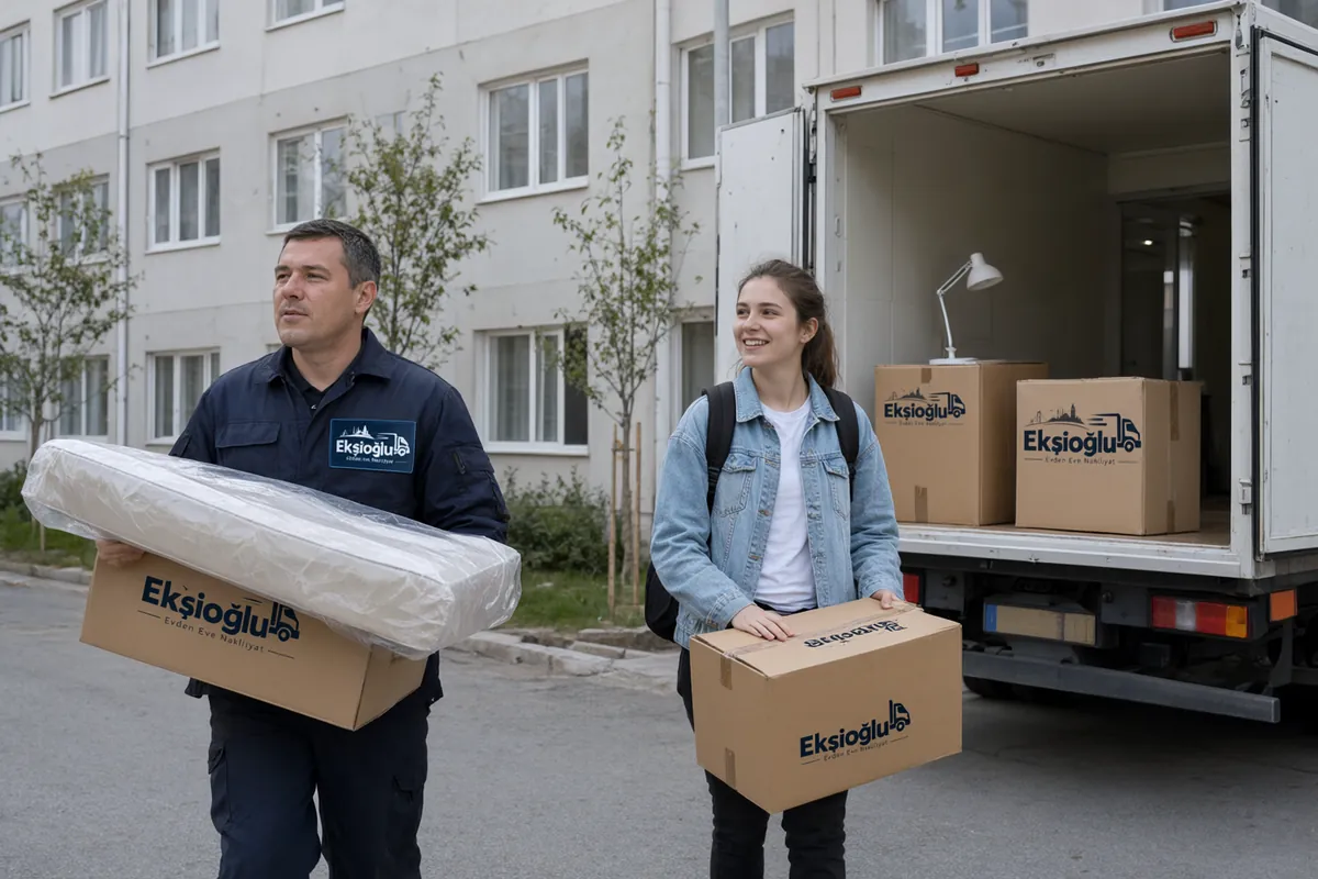 Yurda taşınan öğrencinin yatağı ve birkaç kolisi araçtan indiriliyor, öğrenci de bir koli taşıyor