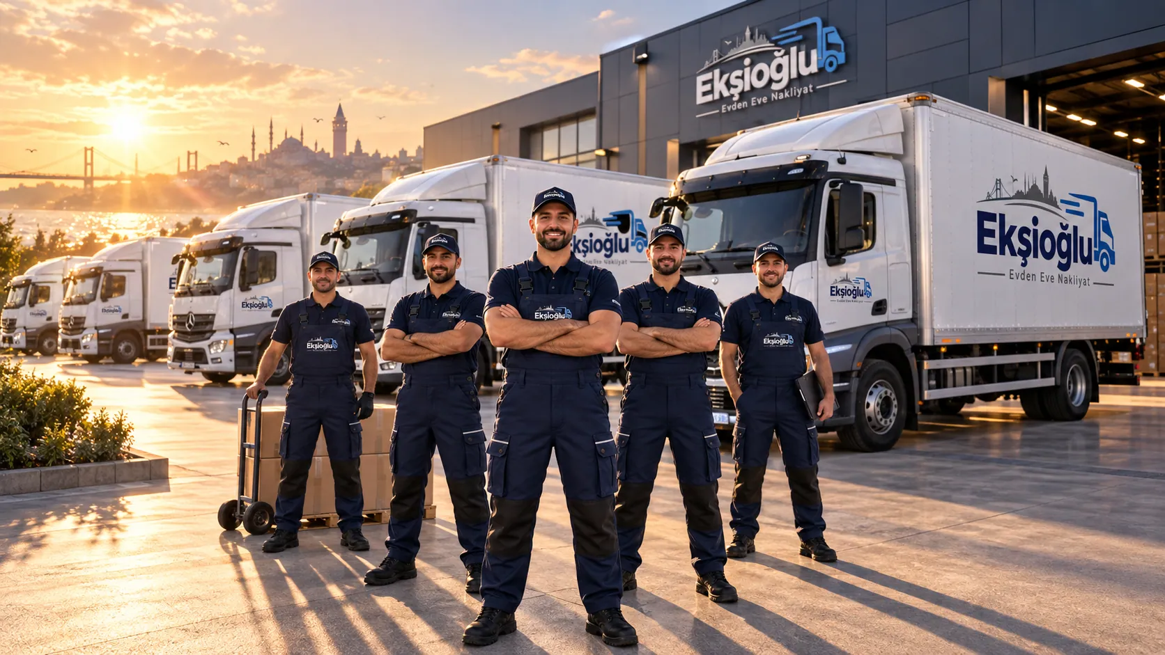 Ekşioğlu Nakliyat ekibi kapalı kasa nakliye araçlarının önünde